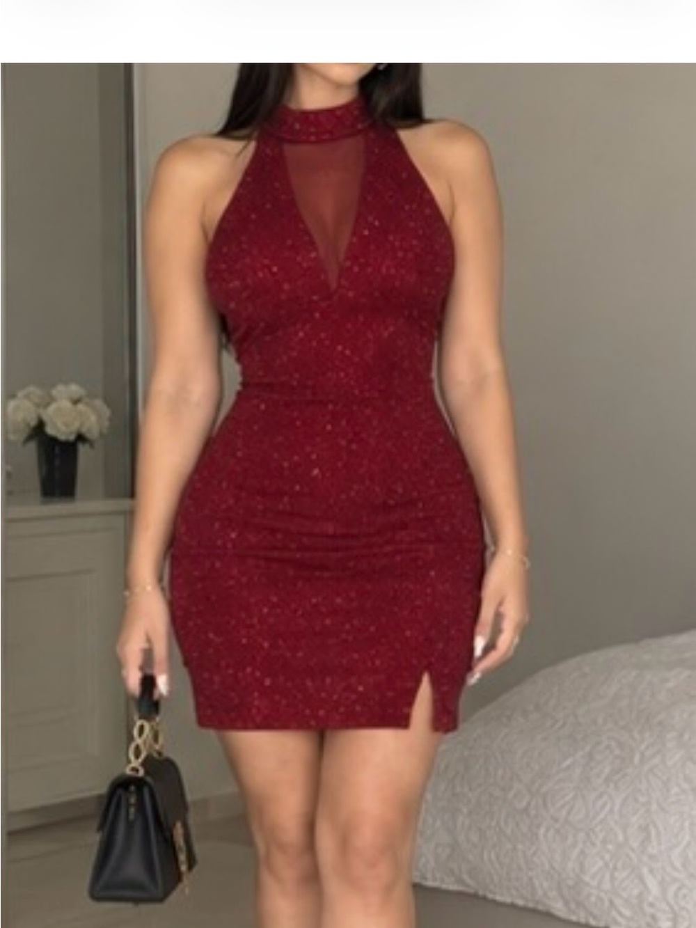 Sequin Hearts Burgundy Halter Bodycon Mini Dress